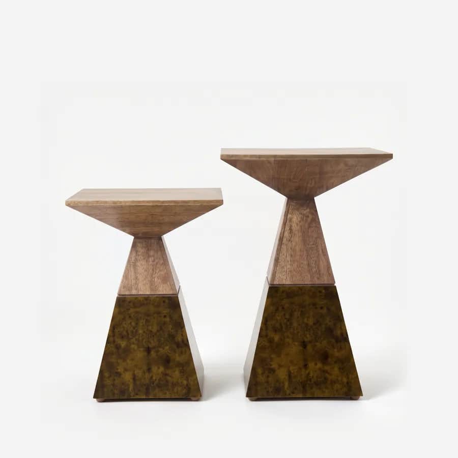 Elvik Side Table side table — walnut wood square top in a natural finish on a tapering neck, meeting an inverted pyramid base in electroplated bras…