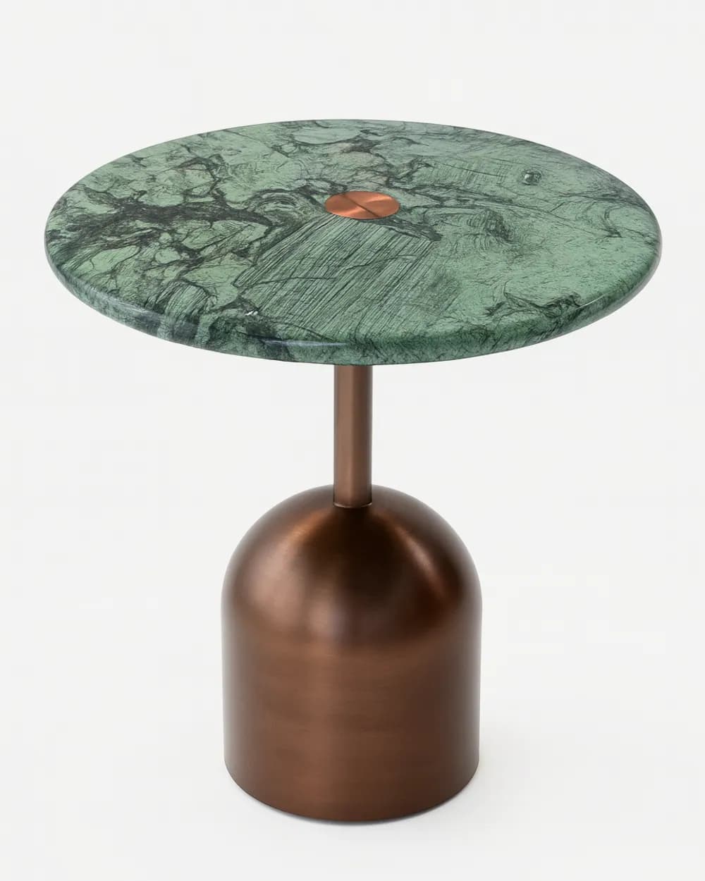 Kota side table — 20 mm thick Verde marble top, matched to the specified selection, paired with a patinated metal base for a refined, s…
