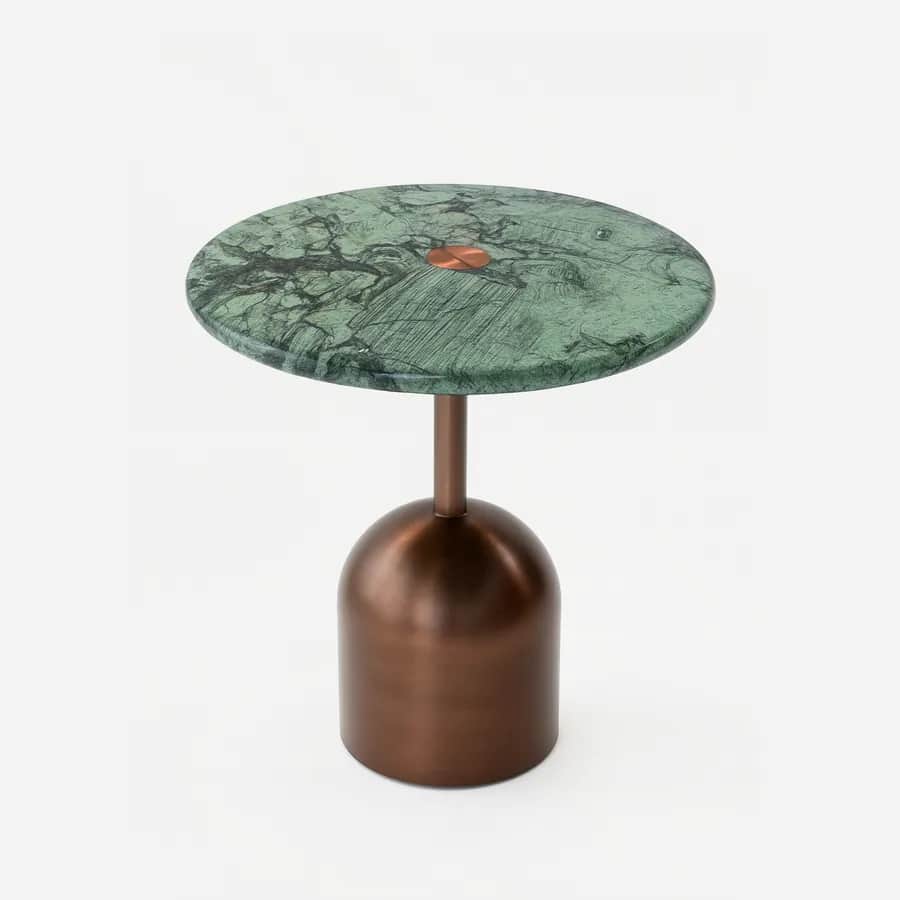Kota side table — 20 mm thick Verde marble top, matched to the specified selection, paired with a patinated metal base for a refined, s…