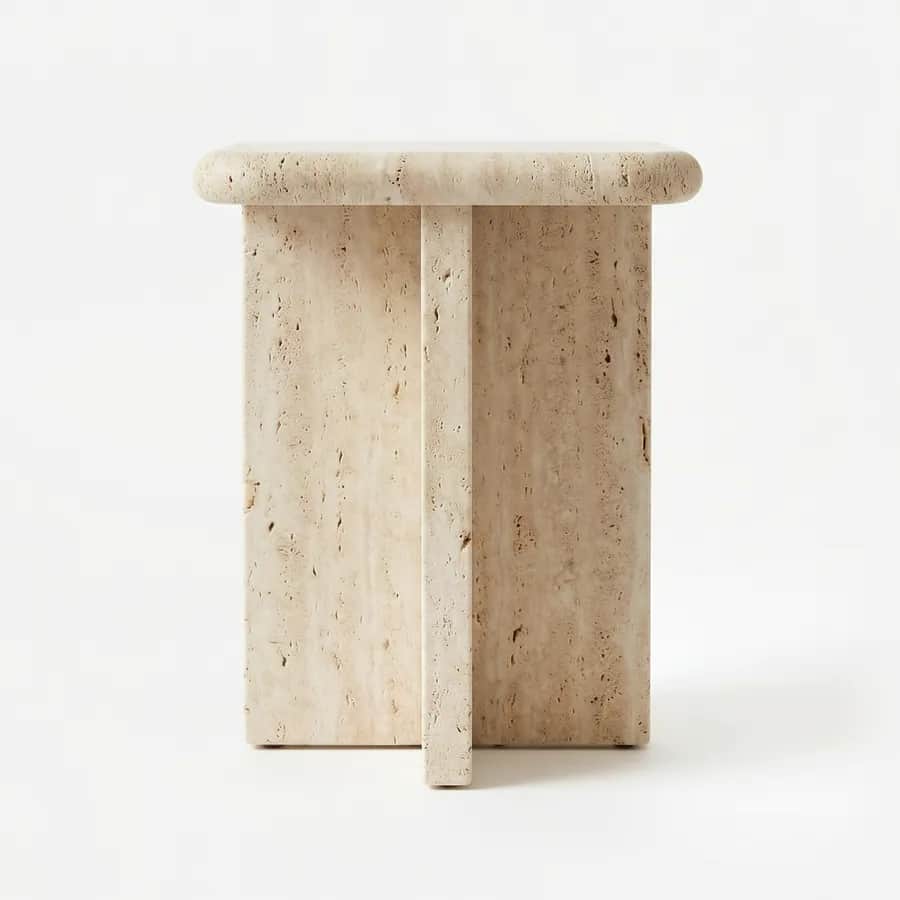 Nilo Side Table side table — made entirely in beige travertine, with a square top with softly rounded edges and corners resting on a cross-shaped…