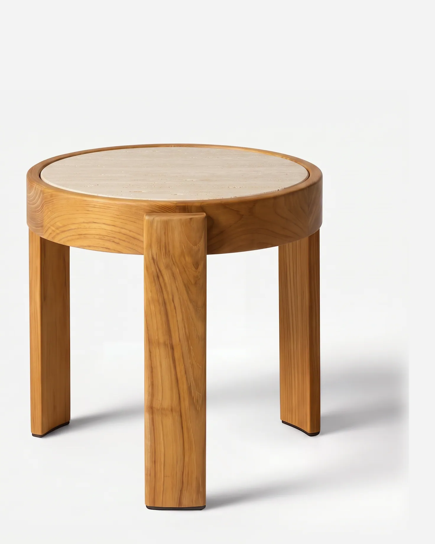 Rumi Side Table side table — teak wood ring and three flat legs that rise past the ring and clasp it from outside, holding an inset round top in b…