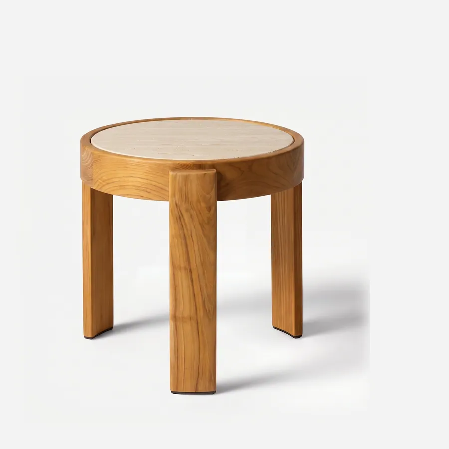 Rumi Side Table side table — teak wood ring and three flat legs that rise past the ring and clasp it from outside, holding an inset round top in b…