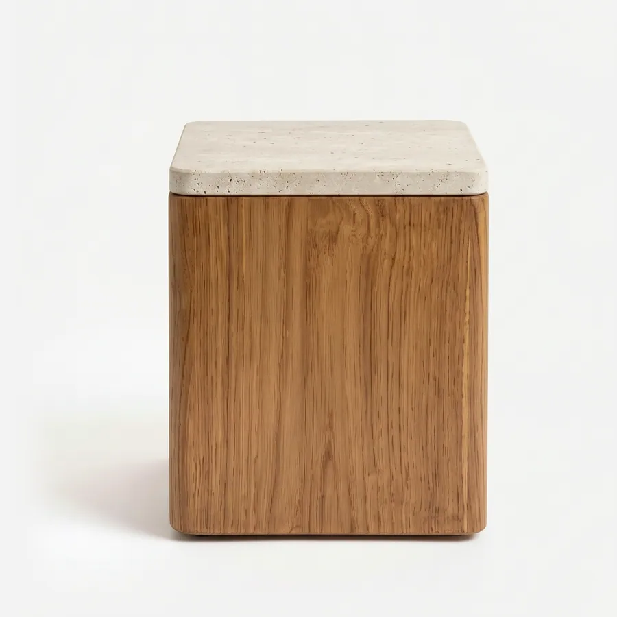 Taro Side Table side table — teak wood block body with softly rounded vertical edges, capped by a slightly overhanging square top in beige travertine