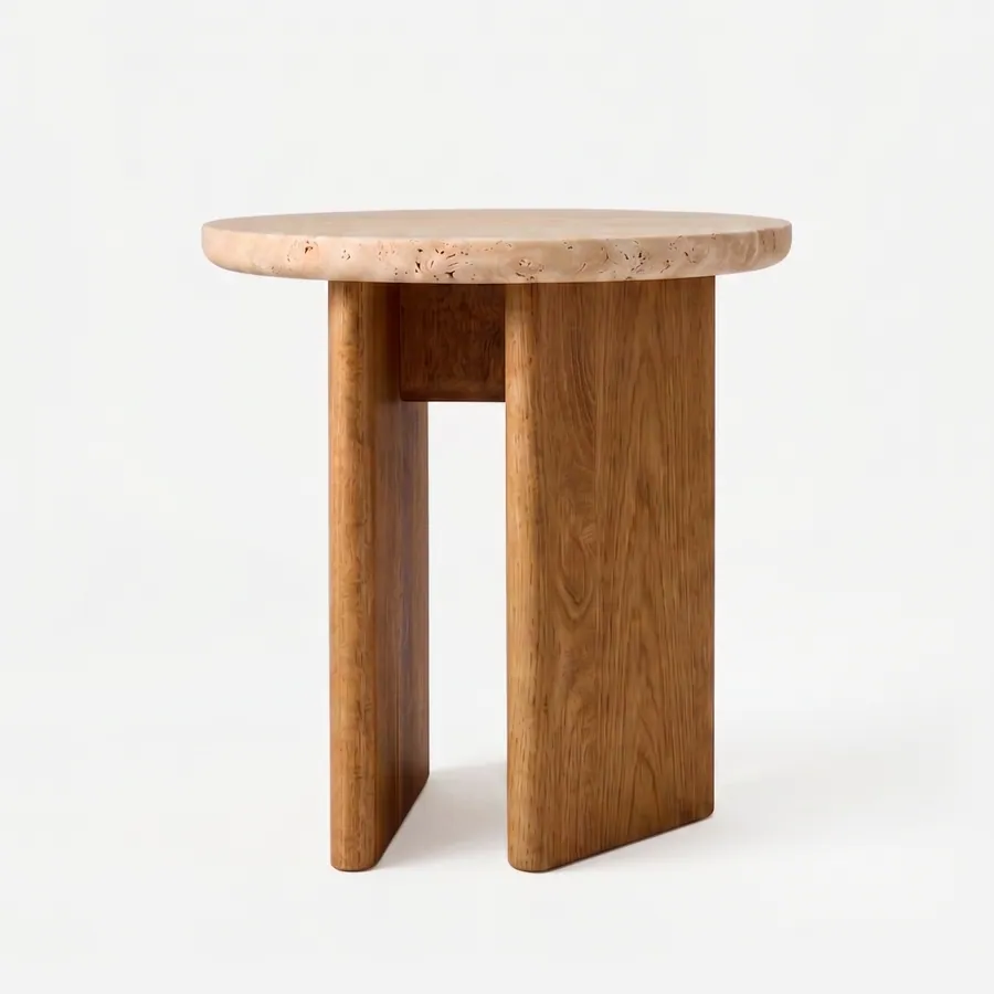 Tessa Side Table side table — iroko wood base of flat slabs set in a cross, carrying a round beige travertine top with a softly rounded edge and vi…