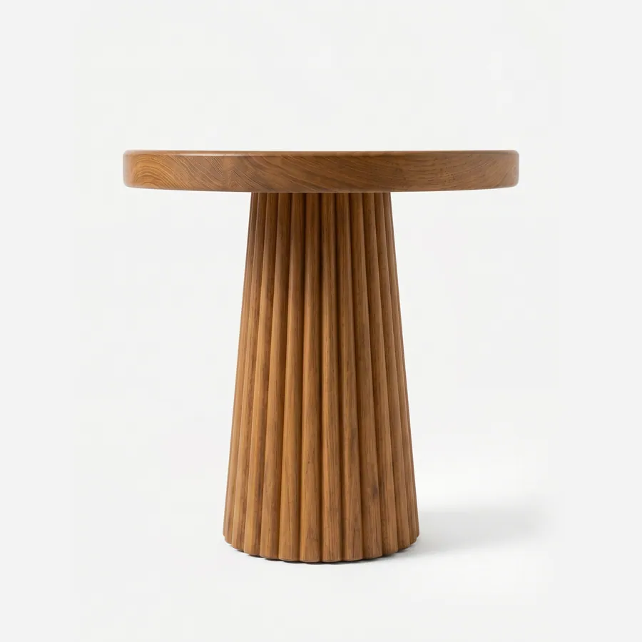Zeno Side Table side table — iroko wood throughout, with a thick round top on a flared pedestal of vertical fluted staves that widens towards the…