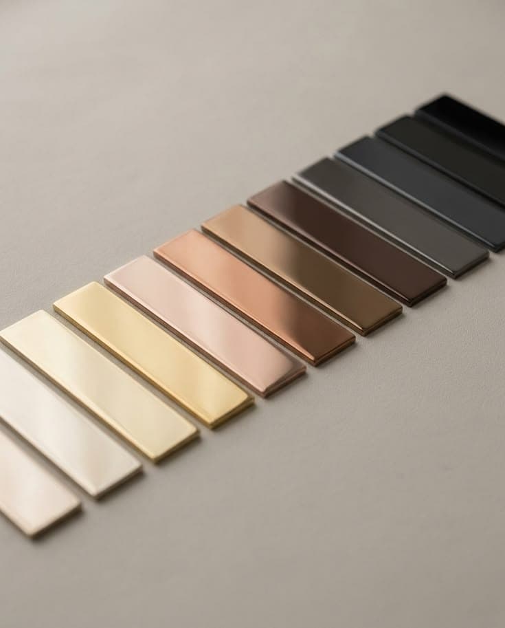 Polished metal finish strips from brass and rose gold to black