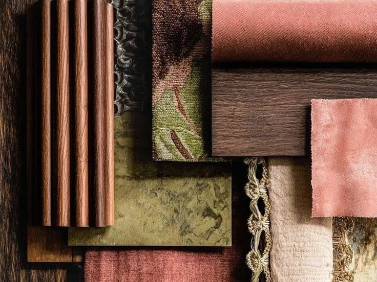 Fluted walnut, velvet and woven fabric samples laid together in rose, olive and brown