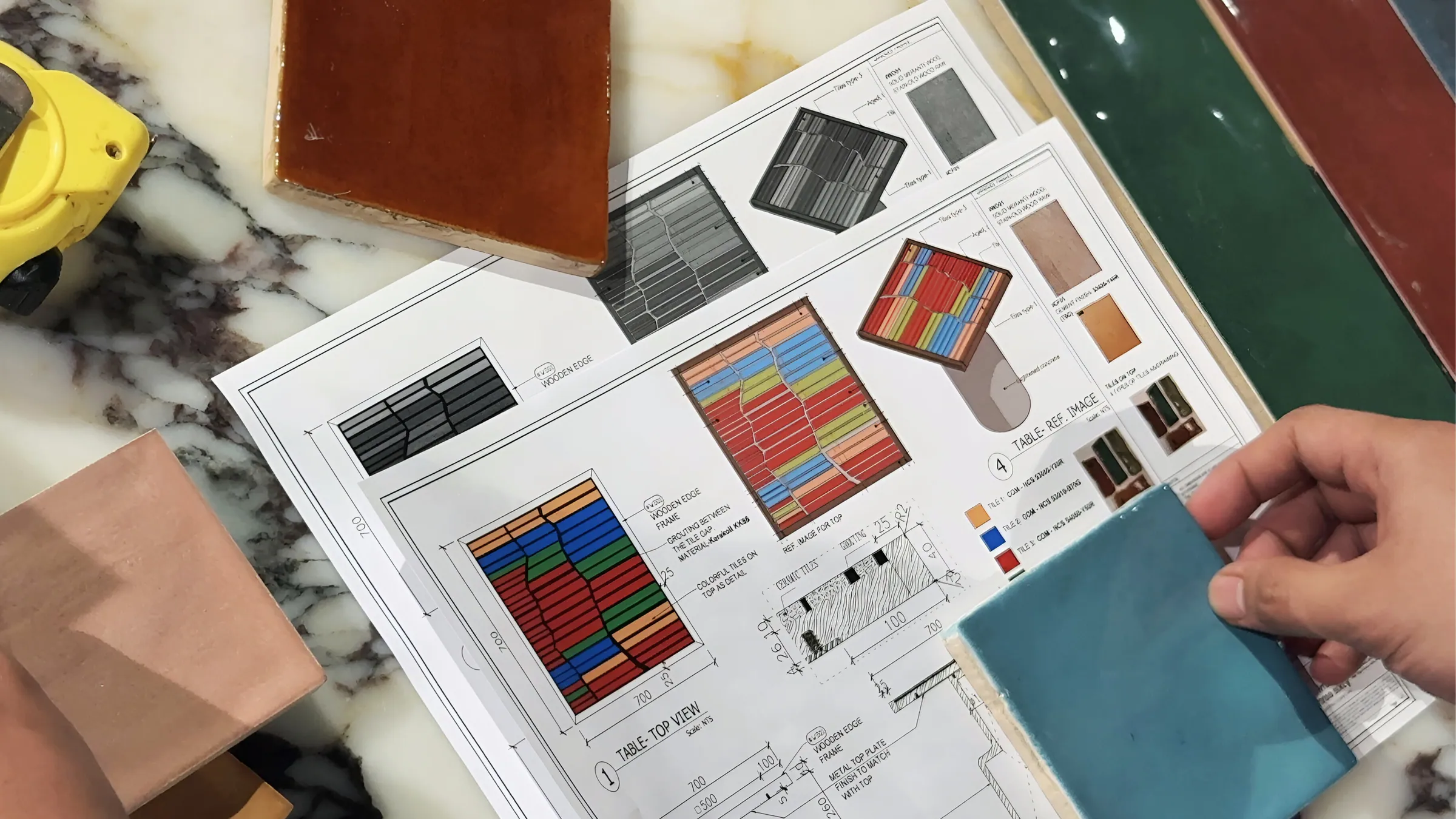 Fabric, wood and stone samples laid out against a technical drawing